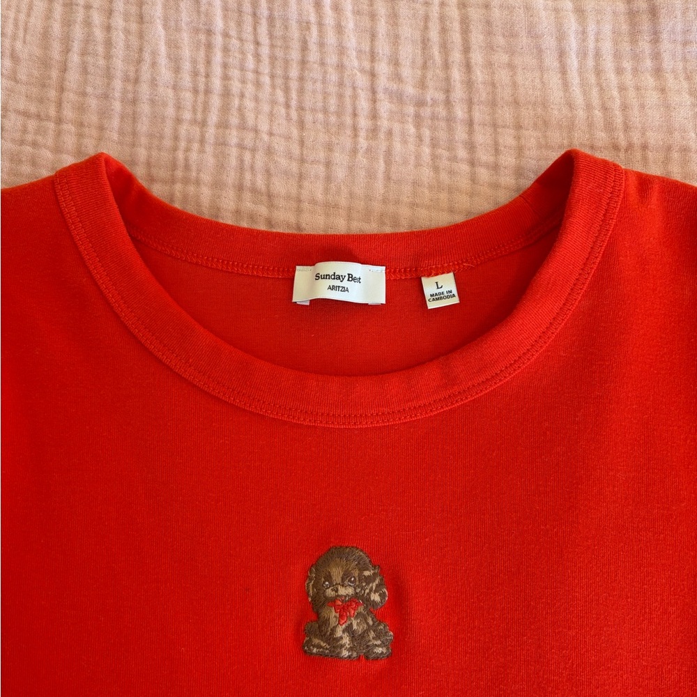 Aritzia Sunday Best Red Short-Sleeve Tee with cute dog - Picture 2 of 3